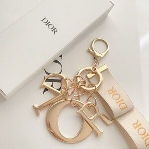 Dior Gold & Cream Ribbon Bag Charm / Key Ring / Key Chain Gift ~ NIB
